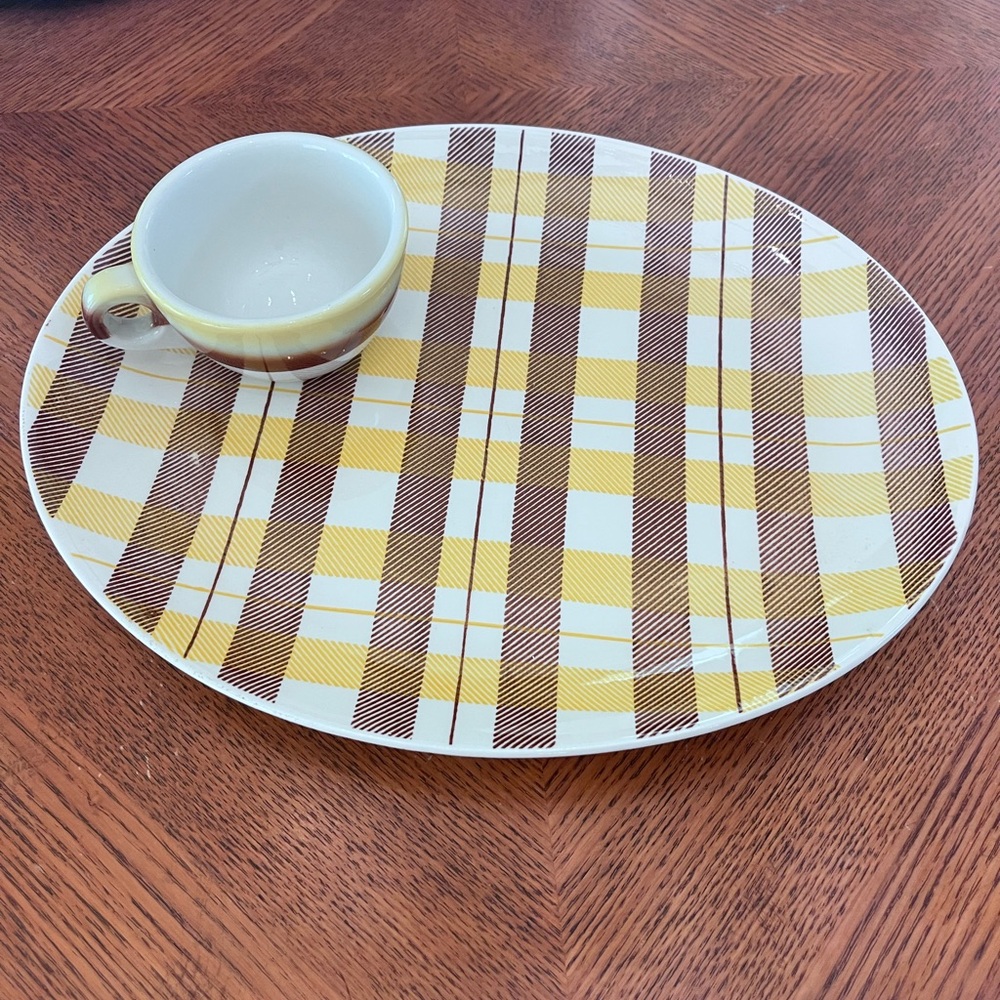 Homer Laughlin and Caribe China mug- Plaid Yellow and Brown Plate with Cup